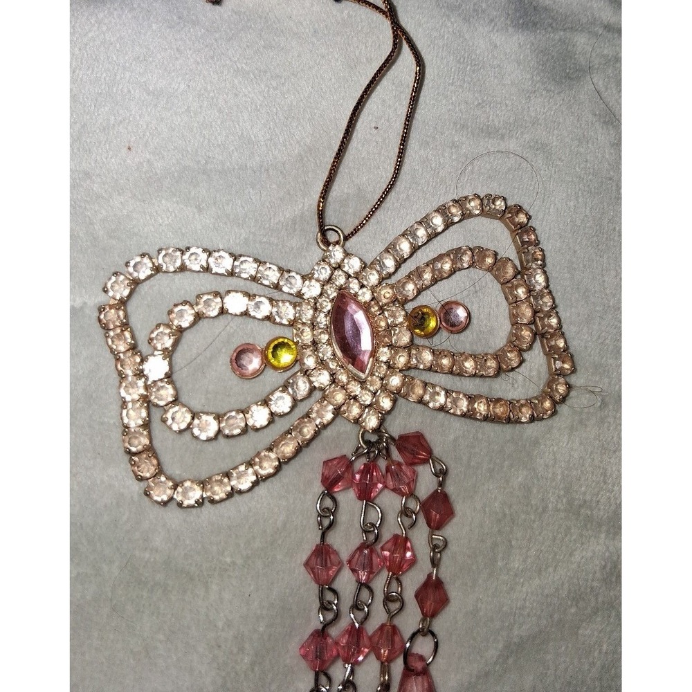 Vintage Rhinestone Bow Ornament Pink Crystal Dangle Hanging Charm 6"